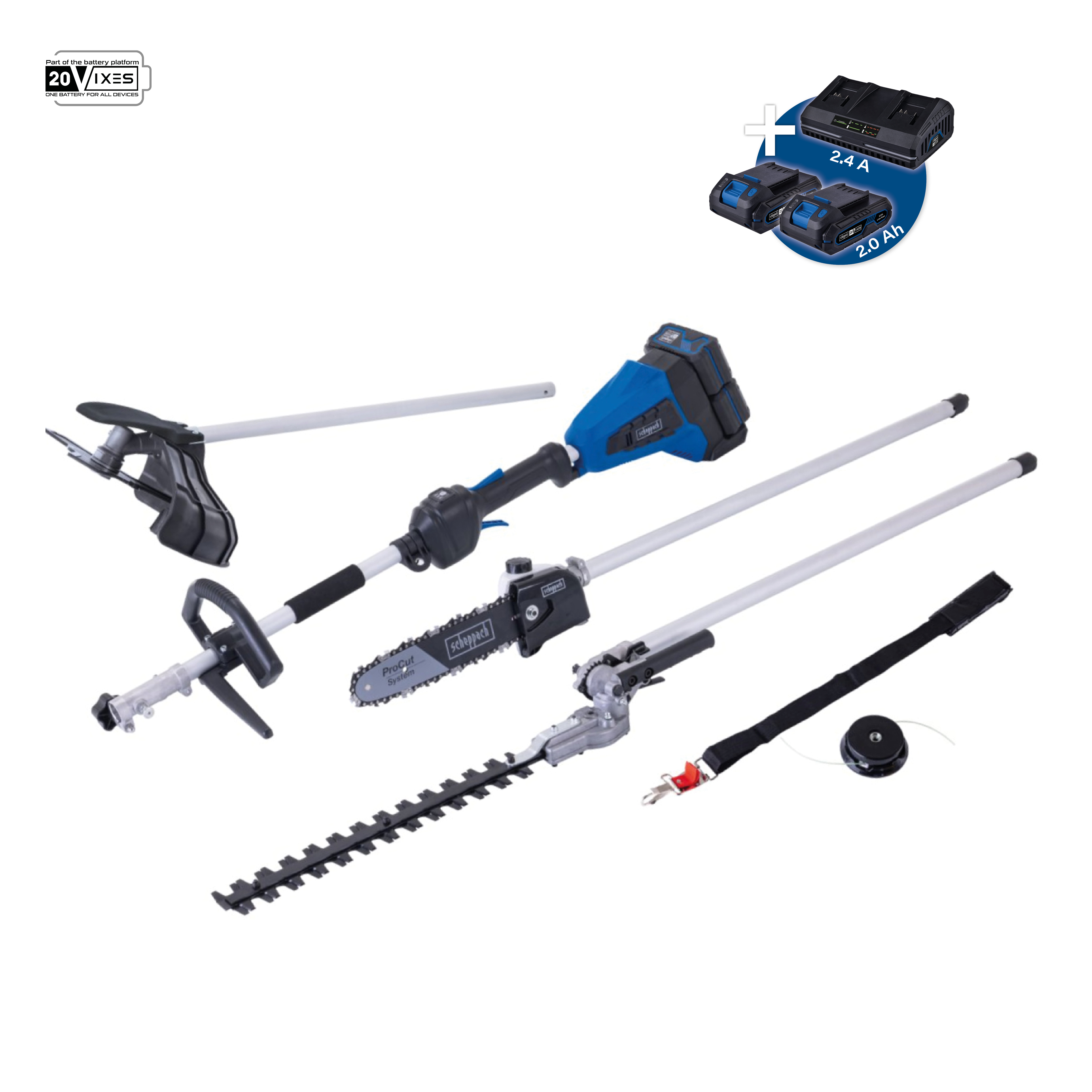 Decespugliatore 4in1 2 batterie 2 Ah doppiocaricatore ixes Scheppach bc-mfh400-x